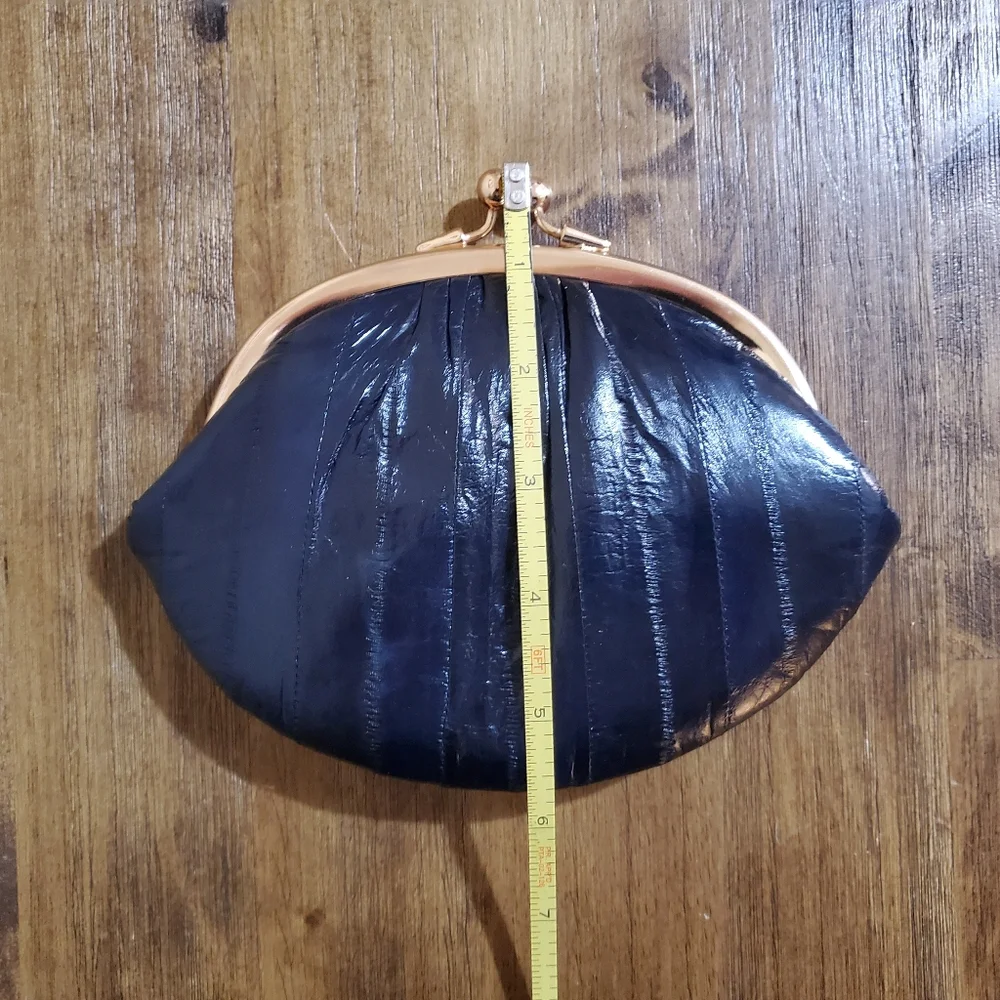 New Women's Eel Skin Double Kisslock Ball Clasp Coin Purse Wallet - Navy Blue
